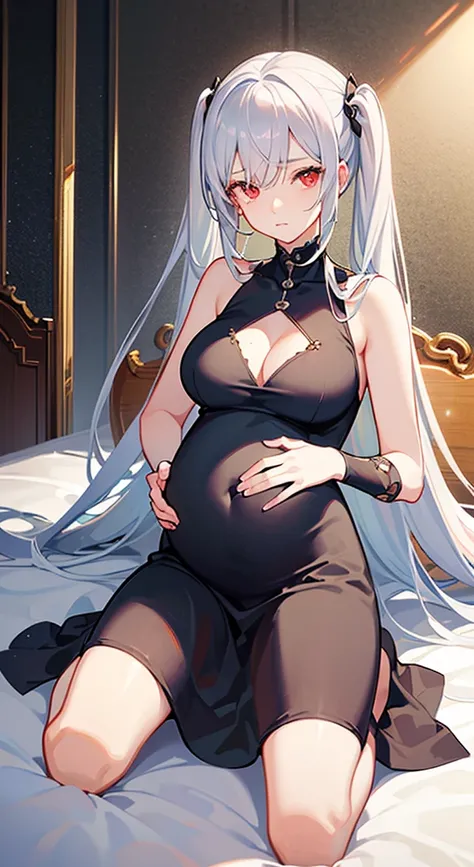 one pregnant anime girl with white hair and red eyes, chained and laying on a bed. Sad. breast feeding