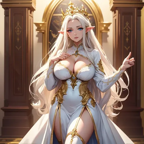 (absurdres, best high quality image, carefuly detailed features and textures, very detailed image, solo character alone, full character vew): {{Elf queen 1.000 years old mature adult milf} (beautiful face, sexy feminine and sexy features, beautiful light b...