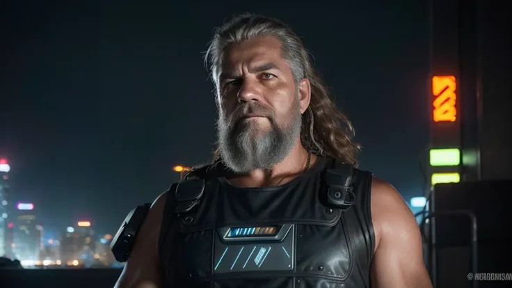 Front View, Centered,Ultra-realistic RAW portrait of a 50-year-old man with a large beard and rock metal style hair, reimagined in a cyberpunk setting. He is wearing futuristic attire of a post-apocalyptic cyberpunk warrior. The scene takes place in a city...