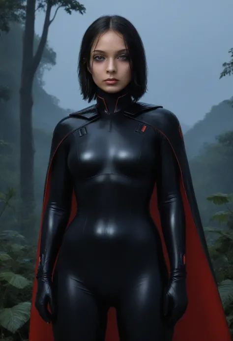 zPDXL, source_anime, BREAK Trilla, helmet with red visor, cape, armor,black gloves,tight bodysuit,black cape,black pants, BREAK close-up, solo, standing, front view, medium breasts, hands on hips, wide hips, BREAK x3dce, 3d, jungle background, dense vegeta...