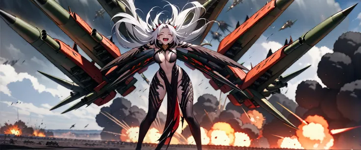 (((masterpiece,Highest quality))),(((A beautiful yet terrifying anime goddess of vengeance, raging in the air with her silver hair standing on end.))),((Laughing like crazy on a battlefield with missiles and explosions flying in the storm)),Arms and legs s...