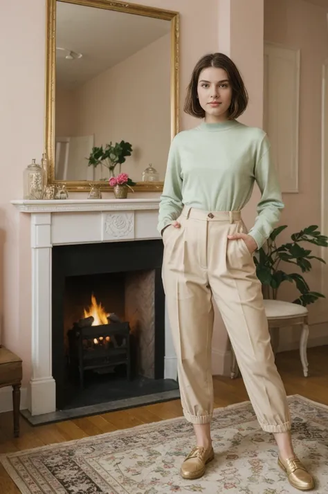 her name is Elektra, high quality, 1girl, ((20-year-old fit Caucasian woman)), ((20 years old)), ((fit)), short bob brunette hair, pose: standing, wearing pastel colored Mesh Long Sleeve with Camo Cargo Pants, BACKGROUND: From a classic London townhouse, w...