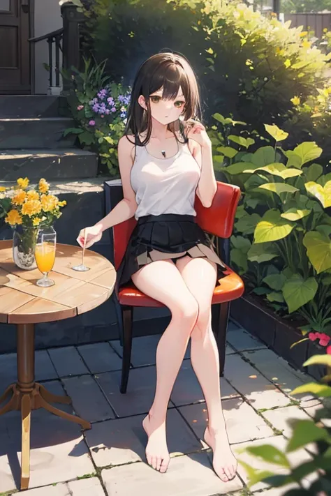 creates a 25-year-old woman sitting with her feet crossed holding a glass of orange juice wearing a brown leather miniskirt and a white tank top in a garden passage with tables and chairs