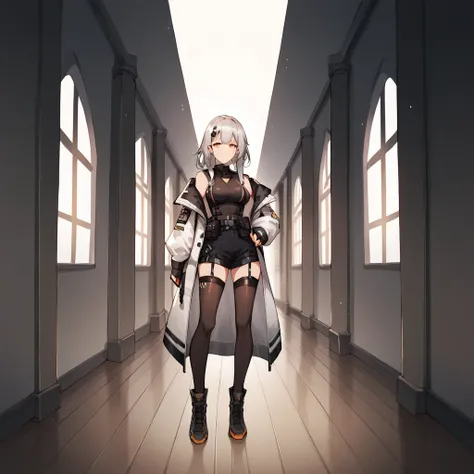  long hair and white coat standing in a hallway., girls frontline style, of frontline girls, de arknights, space cadet girl, pretty girl, silver hair girl