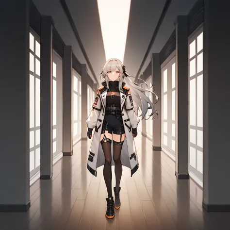  long hair and white coat standing in a hallway., girls frontline style, of frontline girls, de arknights, space cadet girl, pretty girl, silver hair girl