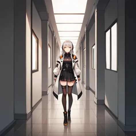  long hair and white coat standing in a hallway., girls frontline style, of frontline girls, de arknights, space cadet girl, pretty girl, silver hair girl