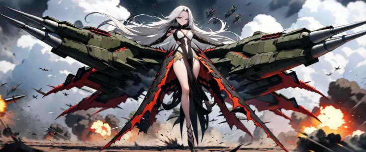 (((masterpiece,Highest quality))),(((A beautiful yet terrifying anime goddess of vengeance, raging in the air with her silver hair standing on end.))),((Going crazy on a battlefield with missiles and explosions flying in the storm)),Arms and legs spread,(h...