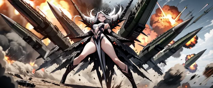 (((masterpiece,Highest quality))),(((A beautiful yet terrifying anime goddess of vengeance, raging in the air with her silver hair standing on end.))),((Going crazy on a battlefield with missiles and explosions flying in the storm)),Arms and legs spread,(h...