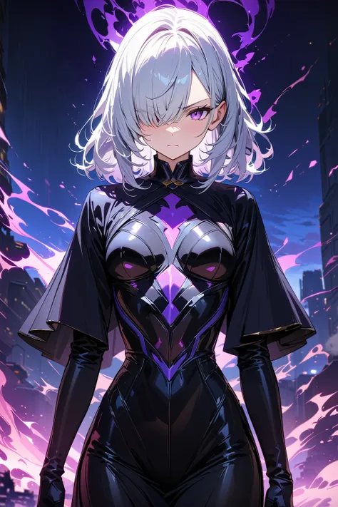 (masterpiece, best quality:1.5), (ultra detailed, high resolution, 8k, beautiful detailed, UHD, best anatomy), white hair, flat breasts, 1 cool girl, Flame effects around, Jet black robe, has a purple aura over one eye, standing, night, Serious expression