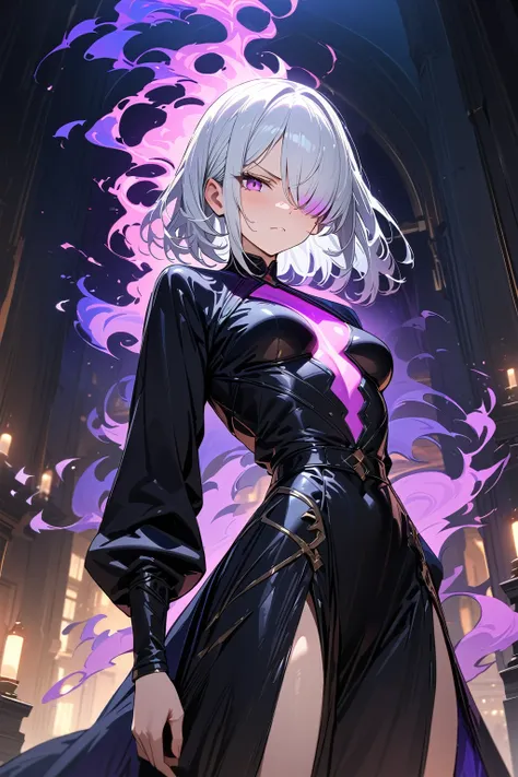 (masterpiece, best quality:1.5), (ultra detailed, high resolution, 8k, beautiful detailed, UHD, best anatomy), white hair, flat breasts, 1 cool girl, Flame effects around, Jet black robe, has a purple aura over one eye, standing, night, Serious expression