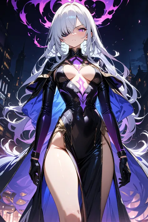 (masterpiece, best quality:1.5), (ultra detailed, high resolution, 8k, beautiful detailed, UHD, best anatomy), white hair, flat breasts, 1 cool girl, Flame effects around, Jet black robe, has a purple aura over one eye, standing, night, Serious expression