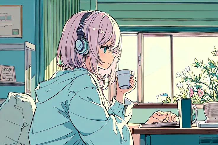 pastel colour、A beautiful girl studying at a desk in her room while listening to music with headphones、radio、Coffee cup、 quiet night,Japanese anime