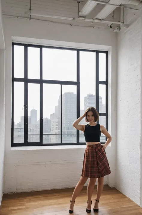 her name is Elektra, high quality, 1girl, ((20-year-old fit Caucasian woman)), ((20 years old)), ((fit)), short bob brunette hair, pose: standing, wearing pastel colored Crop Top with Geometric Cut-Outs with High-Waisted Tartan Skirt, BACKGROUND: From an i...