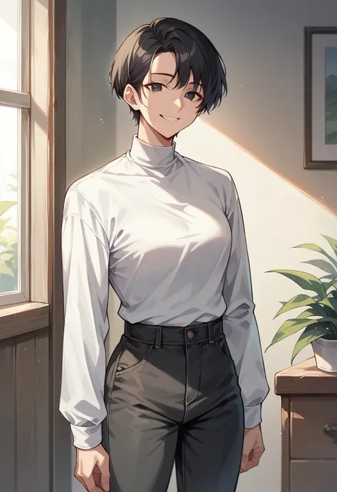 score_9, score_8_up, score_7_up, score_6_up, solo, straight hair, short hair, black hair, black eyes, white shirt, long sleeves, black pants, indoors, standing, looking at viewer, smile