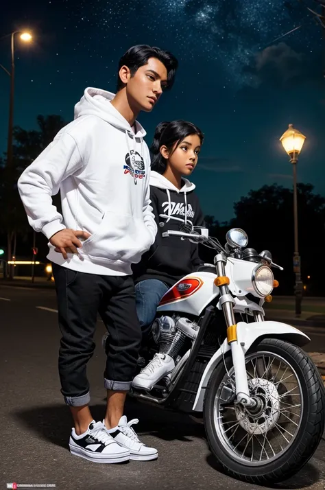 prompt: create a disney pixar movie poster with a tall black hair boy wearing white hoodie and black vans shoe leaning on candy white pulsar 125 bike KL.57.AA 7910 on the number plate and a cat on the hood at night