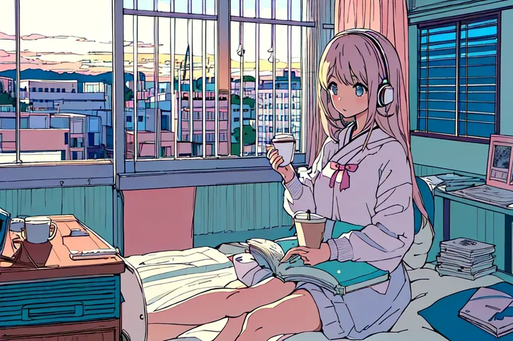 pastel colour、A beautiful girl studying at a desk in her room while listening to music with headphones、radio、Coffee cup、 quiet night,Japanese anime