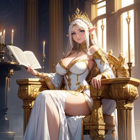 (absurdres, best high quality image, carefuly detailed features and textures, very detailed image, solo character alone, full character vew): {{Elf queen 1.000 years old mature adult milf} (beautiful face, sexy feminine and sexy features, beautiful light b...