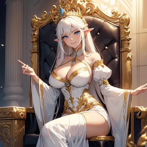 (absurdres, best high quality image, carefuly detailed features and textures, very detailed image, solo character alone, full character vew): {{Elf queen 1.000 years old mature adult milf} (beautiful face, sexy feminine and sexy features, beautiful light b...