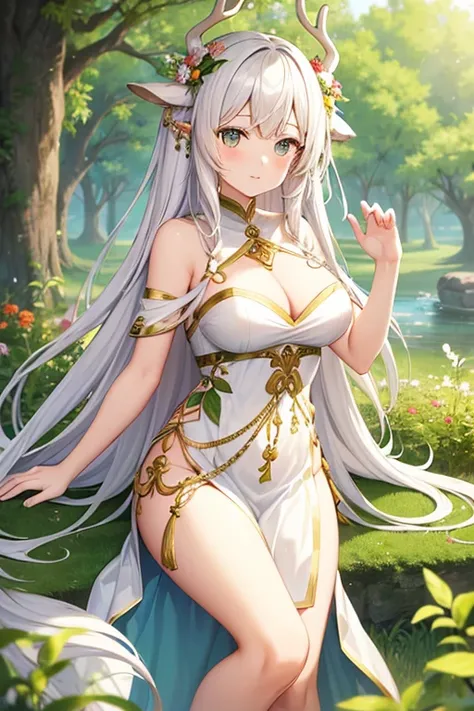 goddess of flora and fauna, white wavy hair, deer antlers and ears, green eye and white eye