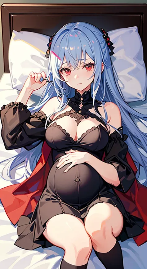 one pregnant anime girl with white hair and red eyes, chained and laying on a bed. Sad. breast feeding