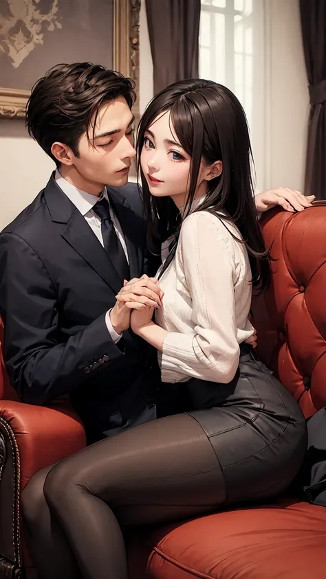 Highest quality、4K quality、Man lying on sofa、A woman in a suit straddles a man、Man hugging woman、Man lays hands on woman&#39;between legs、thin、Small face、18-year-old、