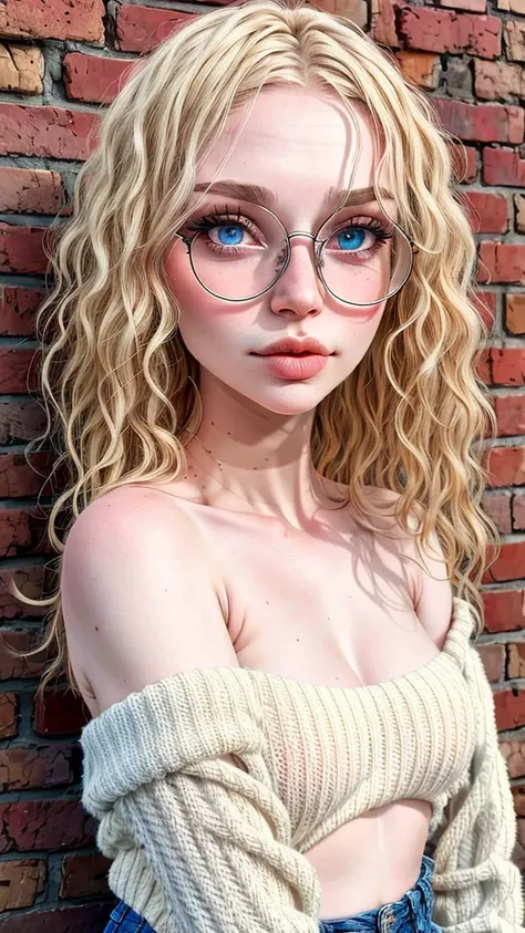 dynamic close-up of the upper part of 1 freckled Russian woman, legit albino, extremely slim and beautiful, perfect body, well-shaped face, skin with highly detailed depth, she is leaning against a brick wall, (long hair, wavy blonde hair and slightly mess...