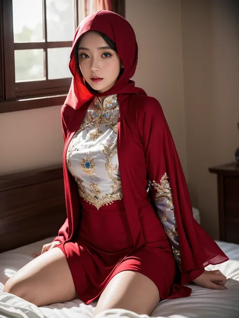 best quality, masterpiece, realistic:, luminate, beautiful muslim, hijab, twirling hijab, fully covered robe, 1 girl, red hijab, blue eyes, Front, detailed face, beautiful eyes, close up shot, dark red dress, tight dress, super shiny dress, ao dai dress, v...