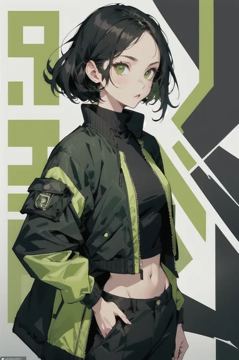 (masterpiece: 1.2, best quality), (1 lady, solo, upper body: 1.2),Detailed face, Black and white,, a girl in a black jacket and green Cargo pants standing, wearing Cargo pants, a green colored bomber jacket, Cargo pants , wearing dark green bomber jacket, ...