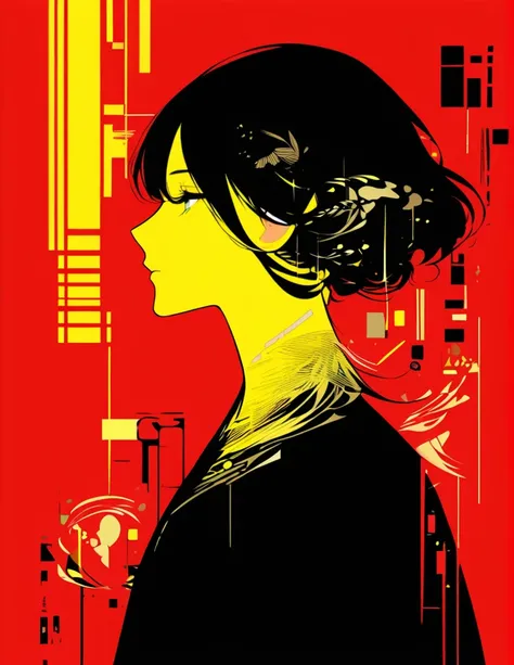 Illustrate an elegant stunning beautiful womans face in profile using sleek white lines on a Red canvas 、alone, One girl, profile,Black Bob,　profile,  The background color is solid yellow,An illustration