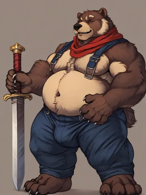 antro by the little bear_rusty), red scarf, (Old bear with sword), old daddy , obese and muscular , naked, simple background, ultra detailed, pose natural, (voluminous:1.3) body_sexy , standing, by honovy, correct claws in five of paws in dark , manly, Bul...