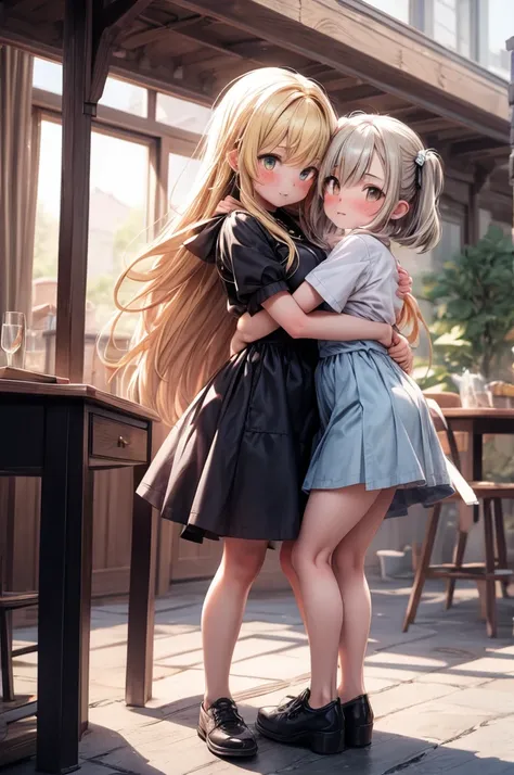 (masterpiece, best quality) 2girls, hug, blonde, size difference