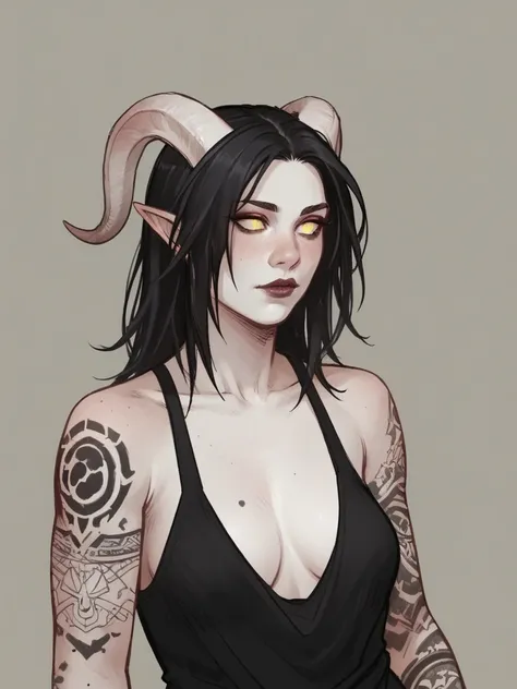 score_9, score_8_up, score_7_up, score_6_up, score_5_up, score_4_up,   wh33z13, 1woman, dark tiefling, white skin, black hair, longe hair, tattoos 