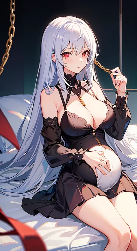 one pregnant anime girl with white hair and red eyes, chained and laying on a bed. Sad. breast feeding