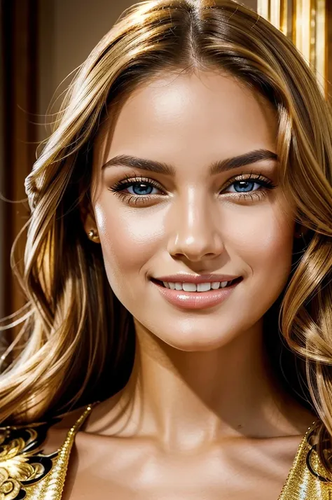 high resolution frontal photo portrait of a woman that has a radiant oval face with striking and captivating appearance, radiating elegance and charm. Her long, wavy blonde hair frames her face in an enchanting way, while her light brown eyes, reminiscent ...