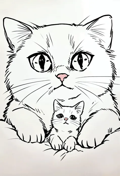 black and white drawing, mother cat and her puppy, non-human