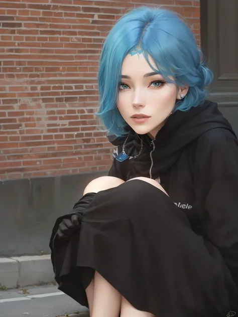 arafed woman with blue hair sitting on a curb with a cell phone, Ulzan, Gu Weiss, She&#39;s wearing street clothes, wearing a blue hoodie, wearing a neon blue hoodie, Cyberpunk girl in a hoodie, 8K)),Chinese Girl