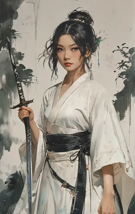 a close up of a woman with a sword in a white dress, a character portrait by Yang J, trending on cgsociety, fantasy art, beautiful character painting, artwork in the style of guweiz, guweiz, white hanfu, flowing white robes, full body wuxia, epic exquisite...