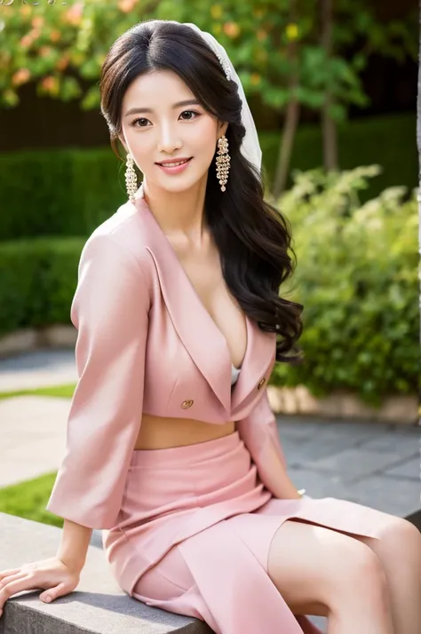 Wedding venue garden,President of import goods sales company,((full body)),((photo)),((best qualtiy, 8K, tmasterpiece:1.3)), Focus:1.2, perfect figure beautiful woman:1.4,1woman,cowboy shot,look at viewer,incredibly absurd, beautiful and cute woman with a ...