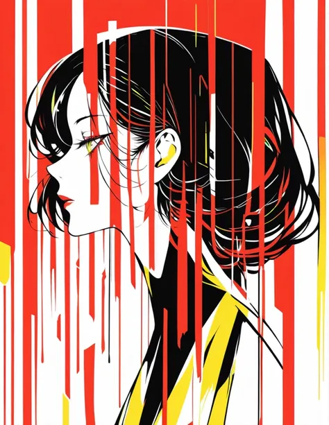 Illustrate an elegant stunning beautiful womans face in profile using sleek white lines on a Red canvas 、alone, One girl, profile,Black Bob,　profile,  The background color is solid yellow,An illustration