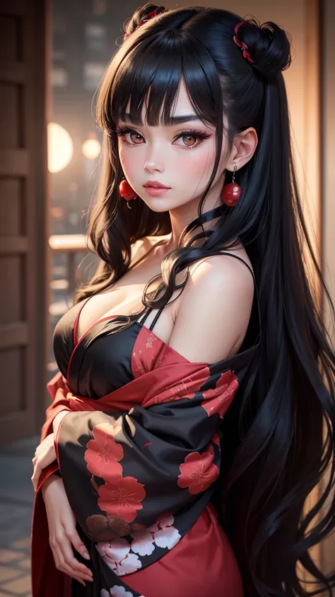 A highly detailed 8k image of a woman with long black hair, characterized by its silky texture. She has brown eyes adorned with red eyeshadow and a small beauty mark under her left eye. Her cheeks have a light blush, and she wears rouge lipstick. The woman...