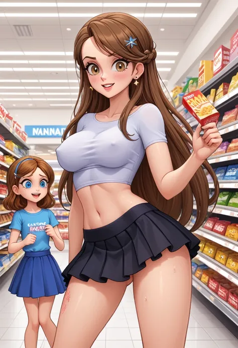 A most Beauty mother-in-law　tiny height, ,　shopping　Supermarket　brown Hair　long hair　girly hairpin　White knitted crop top　((Mother and kiddaughter have the most beautiful breasts)),　micromini skirt　, broken home, gangs, (masterpiece), best quality, express...