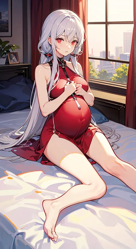 one pregnant anime girl with white hair and red eyes, chained and laying on a bed. Sad. breast feeding