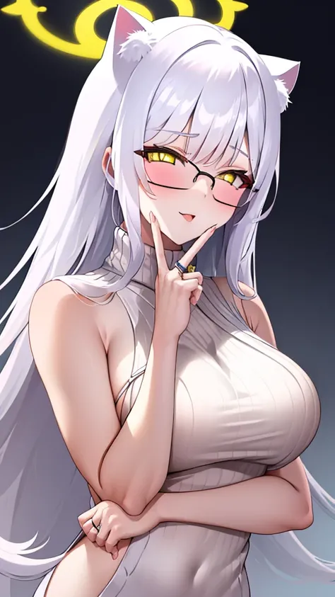 An 18 year old female angel with long, white hair, yellow eyes, white cat ears, and large white angel wings. yellow halo ring round white glasses (White halter turtleneck sweater, purekiller sweater, sleeveless, sexy backless sweater) white arm warmers fin...