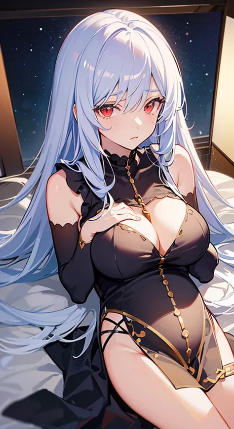 one pregnant anime girl with white hair and red eyes, chained and laying on a bed. Sad. breast feeding