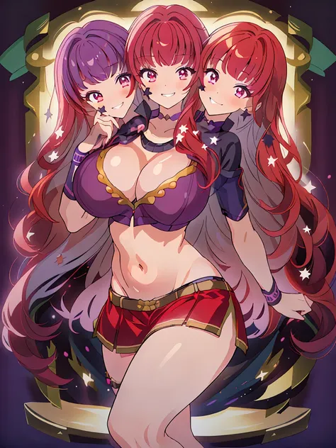 (masterpiece, best quality), best resolution, (3heads:1.5), 1girl, red hair, long flowing hair, star decoration on hair, smiling, seductive smile, smirk, open belly, dark purple crop top, dark purple miniskirt, open breasts, very huge tits, sexy pose, allu...