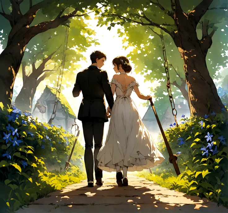 They looked toward the swing and saw that it was returning them to the village. They got off the swing and walked back together, beginning a journey of life with each other.