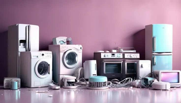 A set of household appliances failing and the failure being explicitly noted , The image has clear colors, soft tones, reminiscent of technology, specifically illuminated and focused on broken appliances