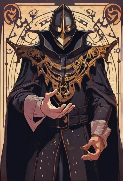 a holy villain that holding trap board one hand and dark magic another hand. he has mask and he is phonky. back theme is dark and there are bats. he is smiling and there are X symbols out of his masks.