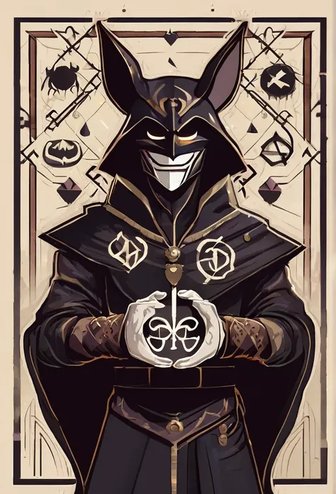 a holy villain that holding trap board one hand and dark magic another hand. he has mask and he is phonky. back theme is dark and there are bats. he is smiling and there are X symbols out of his masks.