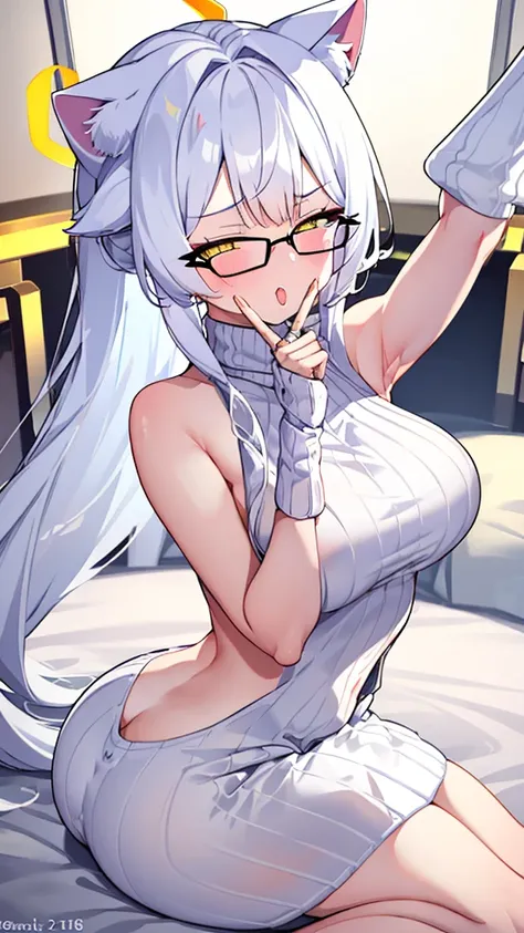 An 18 year old female angel with long, white hair, yellow eyes, white cat ears, and large white angel wings. yellow halo ring round white glasses (White halter turtleneck sweater, purekiller sweater, sleeveless, sexy backless sweater) White arm warmers, st...